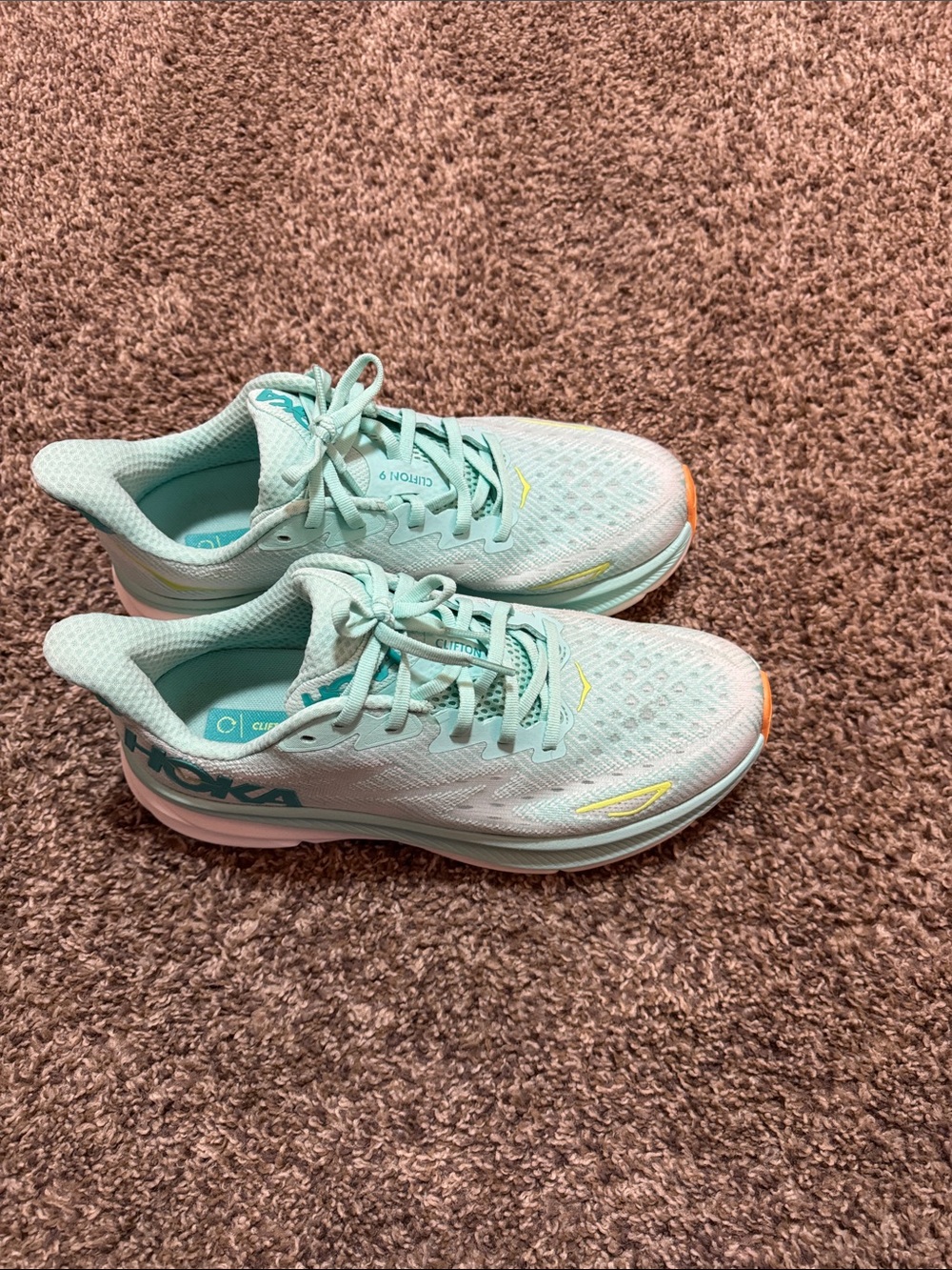 Hoka Women's Mint & Yellow Clifton 9 Running Shoes
